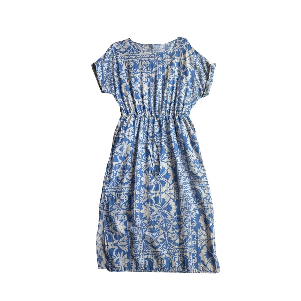 SHEIN Blue White Floral Damask Midi Dress XL Short Sleeve Drawstring Waist Slit